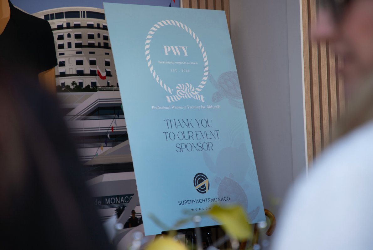 Professional Women in Yachting PWY event — SuperYachtsMonaco sponsor signage